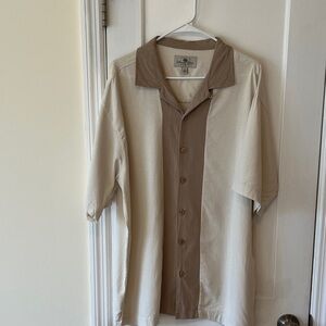 Washable Silk Shirt Button Down Collar Mens XL Tan Cream Resort Bowling Classic‎
